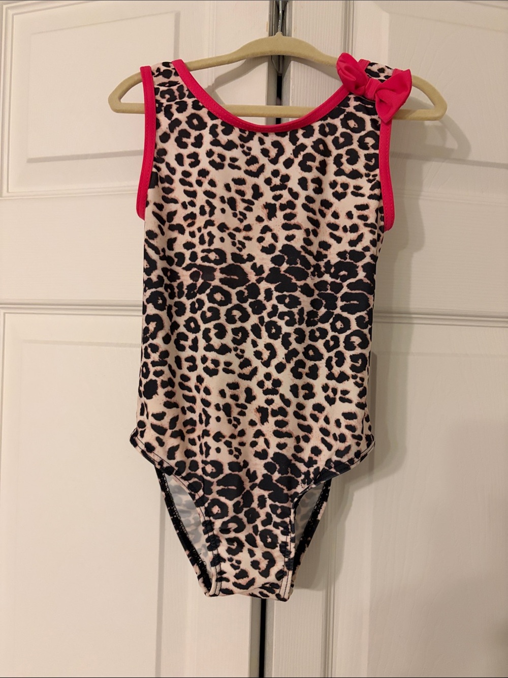 Girls Leopard Print One-Piece Swimsuit with Pink Trim Size 3-4T